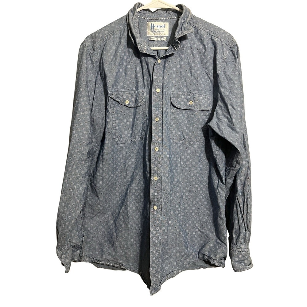 Vtg Haspel Men's XL Button Down Long Sleeve Blue Polo Tailored‎ Cotton in USA